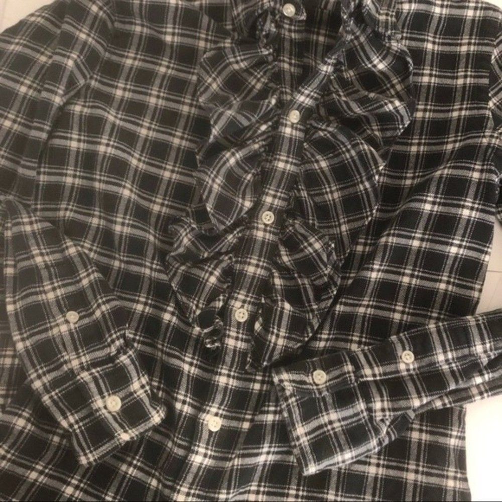 RALPH LAUREN SPORT Black White Flannel Plaid Ruffle Button Shirt Top Size 6 - Picture 8 of 9